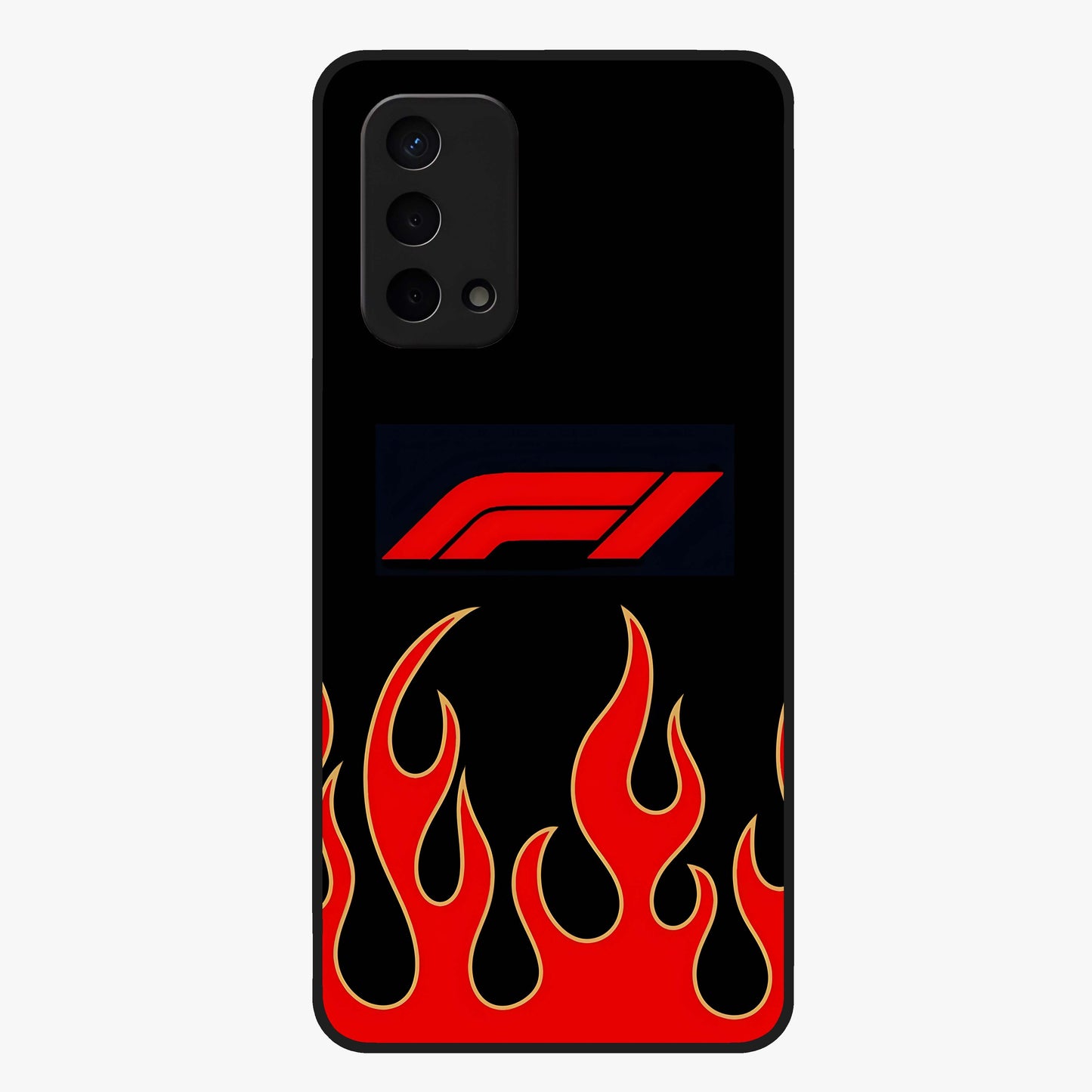 Fire F11 Glass Case showing flat back view with fiery themed artwork and glossy glass finish.