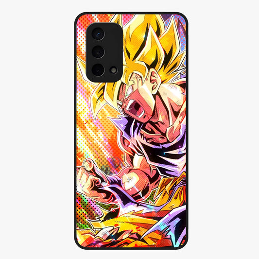 Firing Goku Glass Case showing flat back view with powerful anime inspired artwork and glossy glass finish.