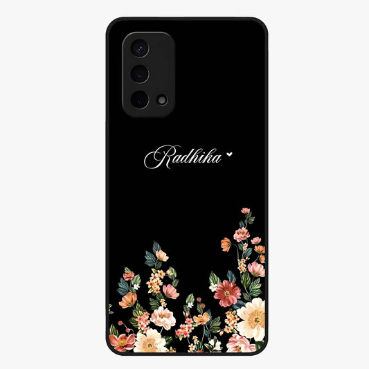 Floral Design With a Custom Personalized Name Glass Case showing flat back view with floral artwork and personalized name design.