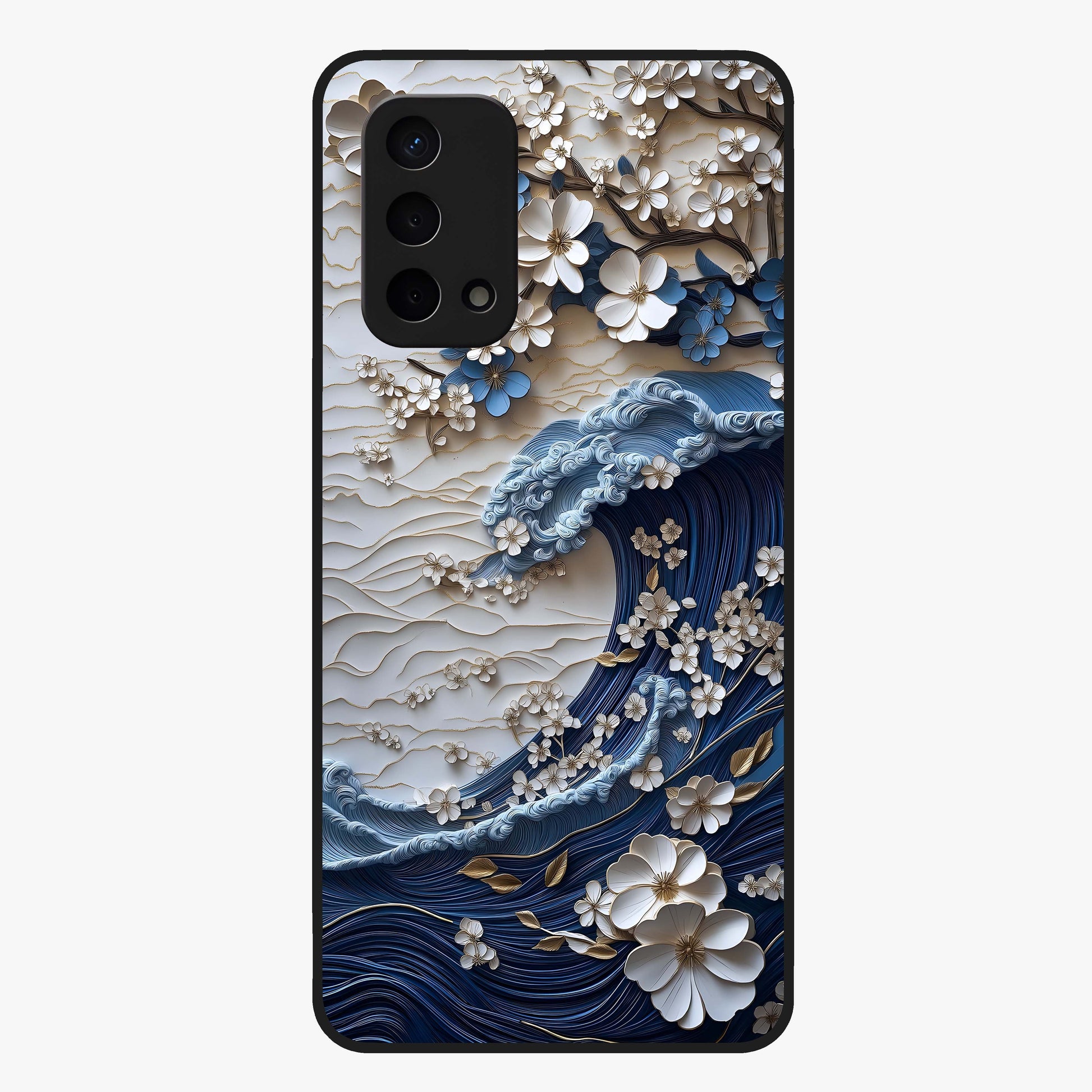 Floral Wave Origami Glass Case showing flat back view with origami inspired floral wave artwork and glossy glass finish.