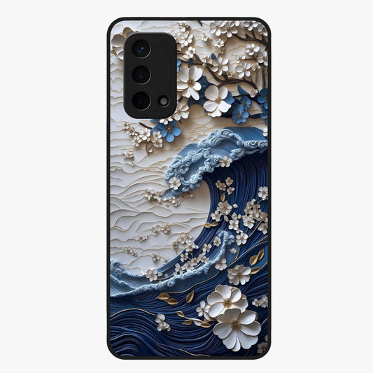 Floral Wave Origami Glass Case showing flat back view with origami inspired floral wave artwork and glossy glass finish.