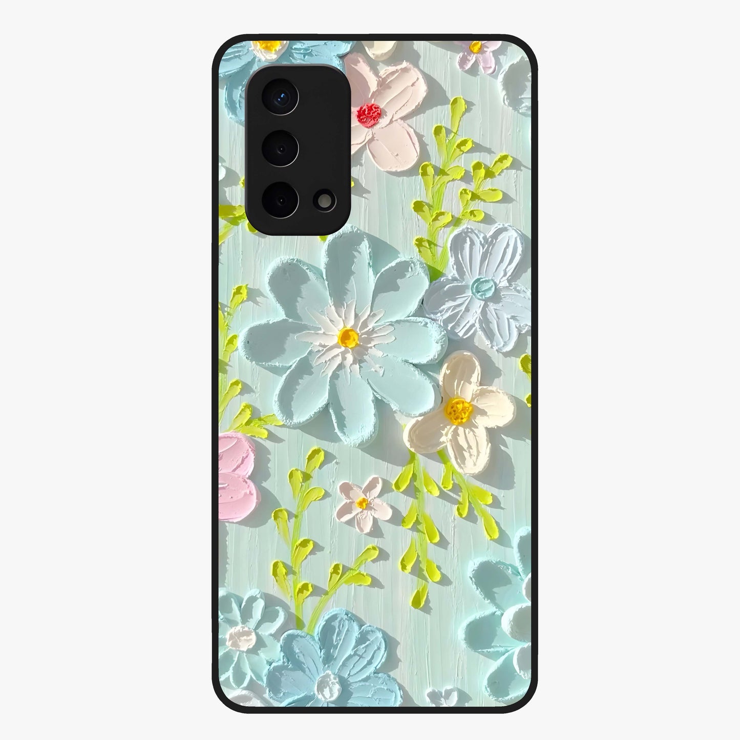 Frosted Petal Garden Glass Case showing flat back view with soft frosted floral artwork and glossy glass finish.