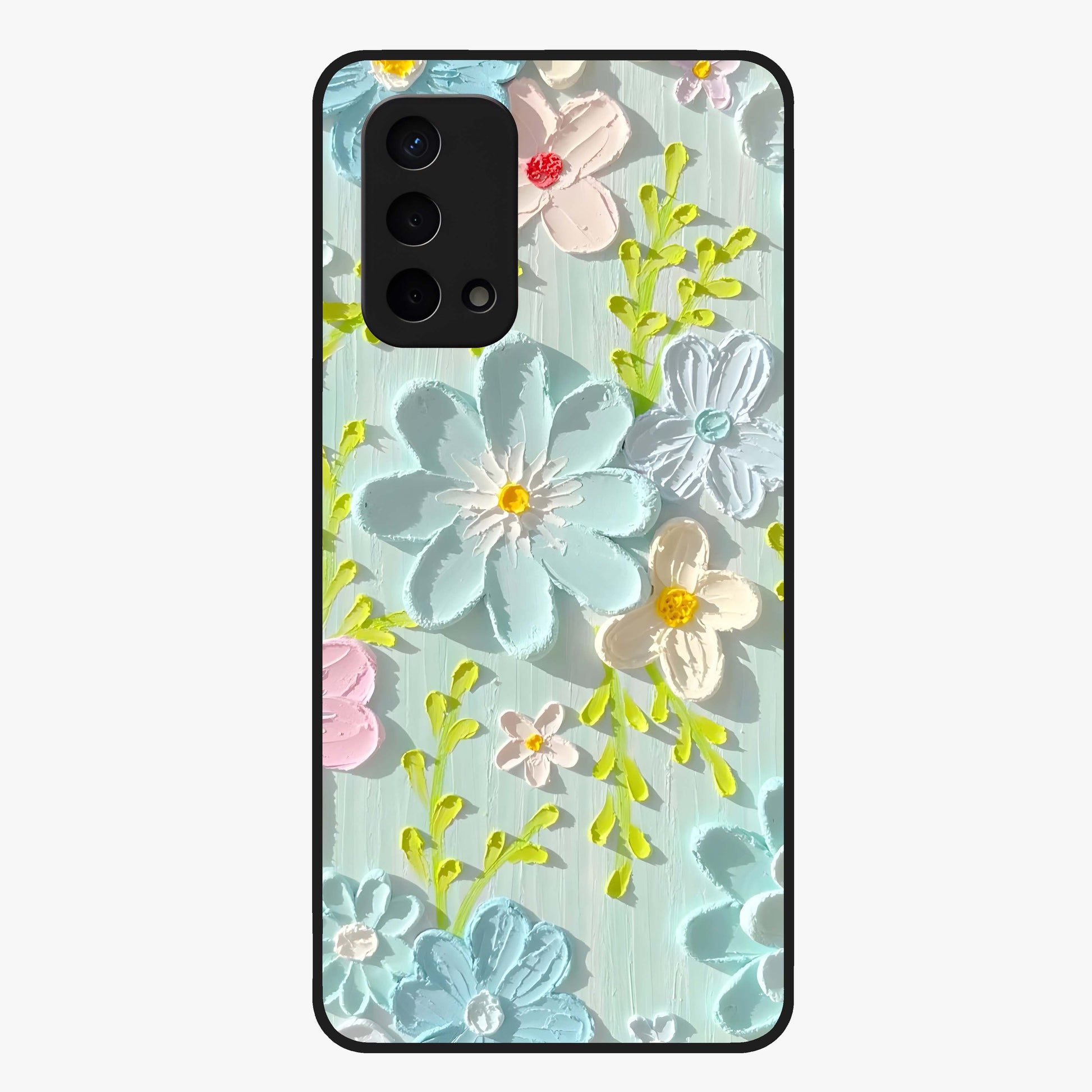 Frosted Petal Garden Glass Case showing flat back view with soft frosted floral artwork and glossy glass finish.