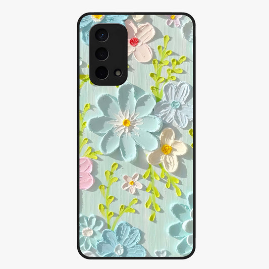 Frosted Petal Garden Glass Case showing flat back view with soft frosted floral artwork and glossy glass finish.