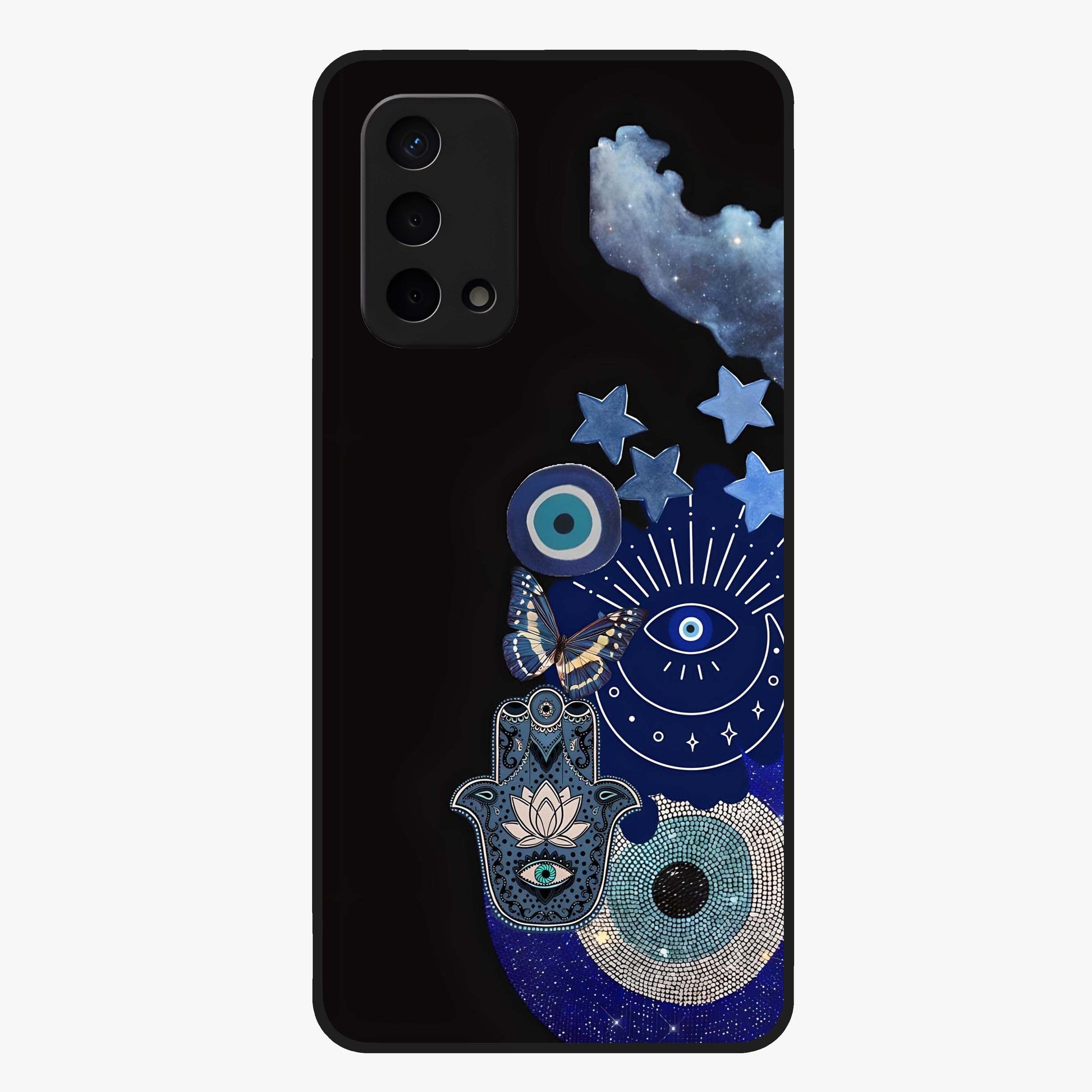 Galactic Charm Cluster Glass Case showing flat back view with glowing celestial charm artwork and glossy glass finish.