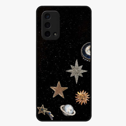 Galactic Charm Glow Glass Case showing flat back view with glowing celestial charm artwork and glossy glass finish.