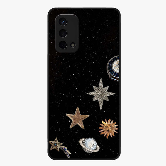 Galactic Charm Glow Glass Case showing flat back view with glowing celestial charm artwork and glossy glass finish.