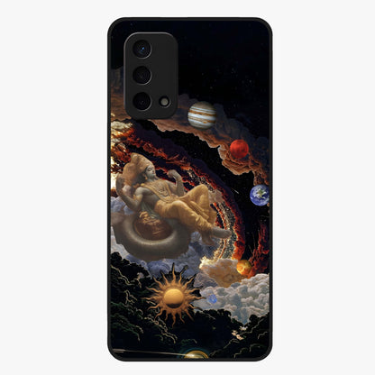 Galactic Divine God Glass Case showing flat back view with divine cosmic themed artwork and glossy glass finish.