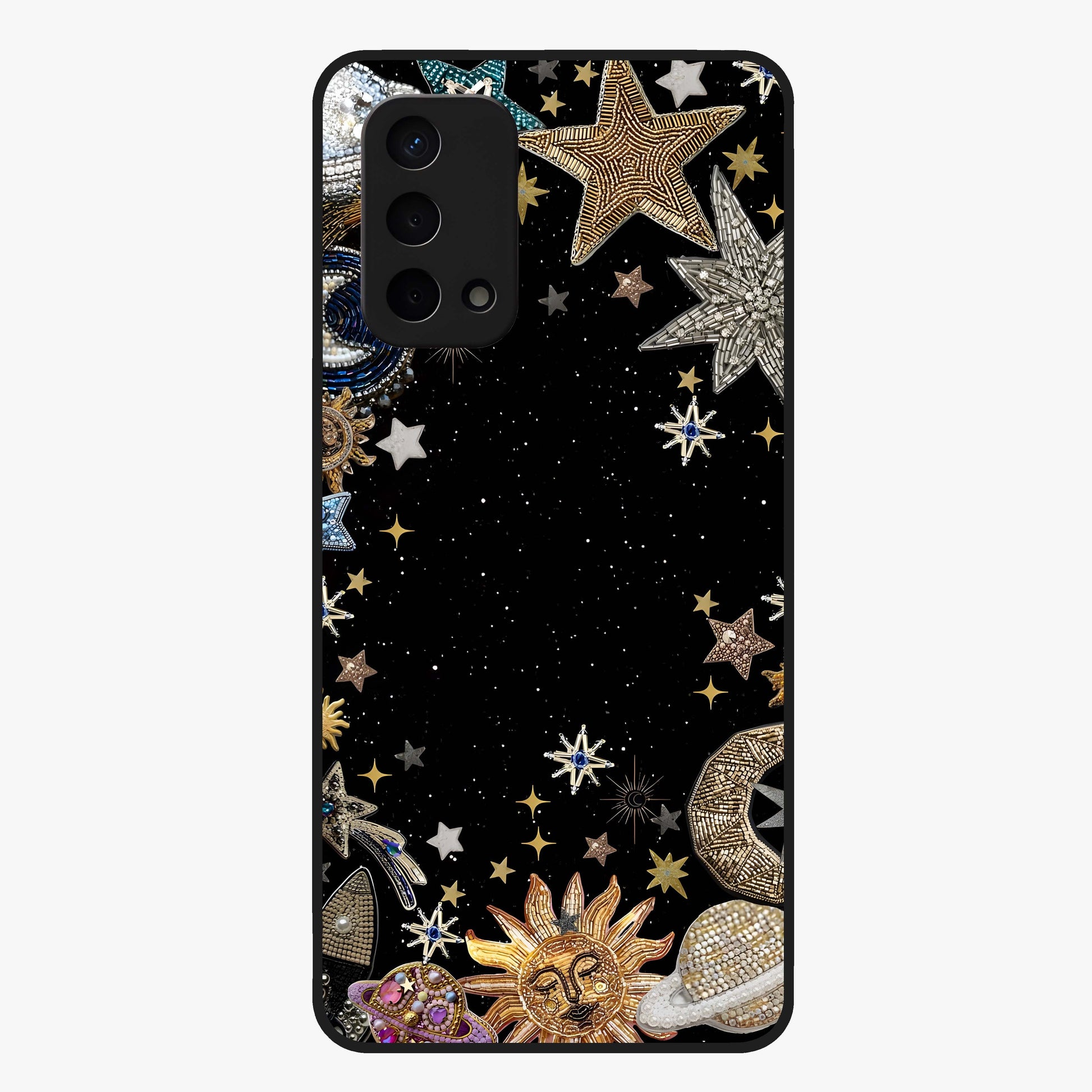 Galactic Jewel Stars Glass Case showing flat back view with sparkling star jewel artwork and glossy glass finish.