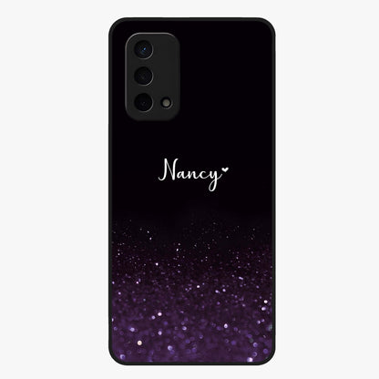 Glittery Purple Bokeh Custom Name Glass Case showing flat back view with purple bokeh sparkle artwork and personalized name design.