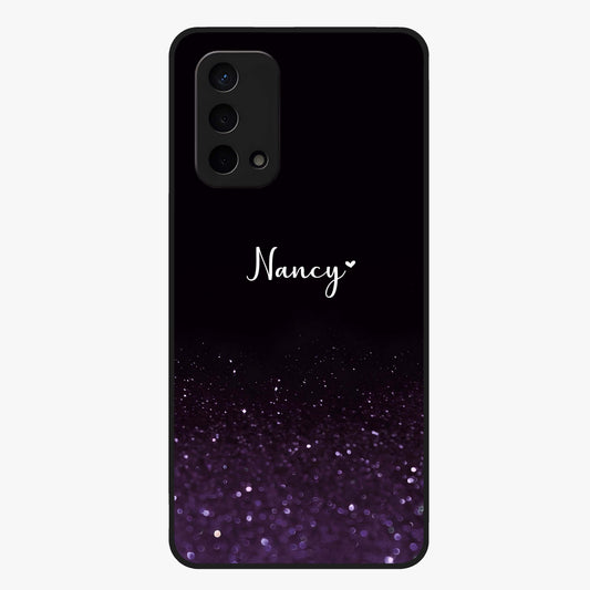 Glittery Purple Bokeh Custom Name Glass Case showing flat back view with purple bokeh sparkle artwork and personalized name design.