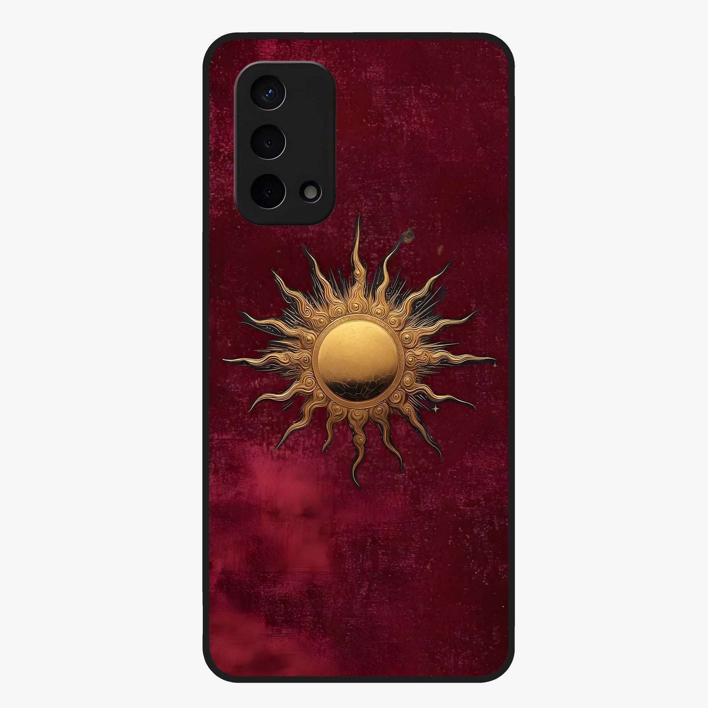 Gold Sun Blush Glass Case showing flat back view with golden sun inspired artwork and glossy glass finish.