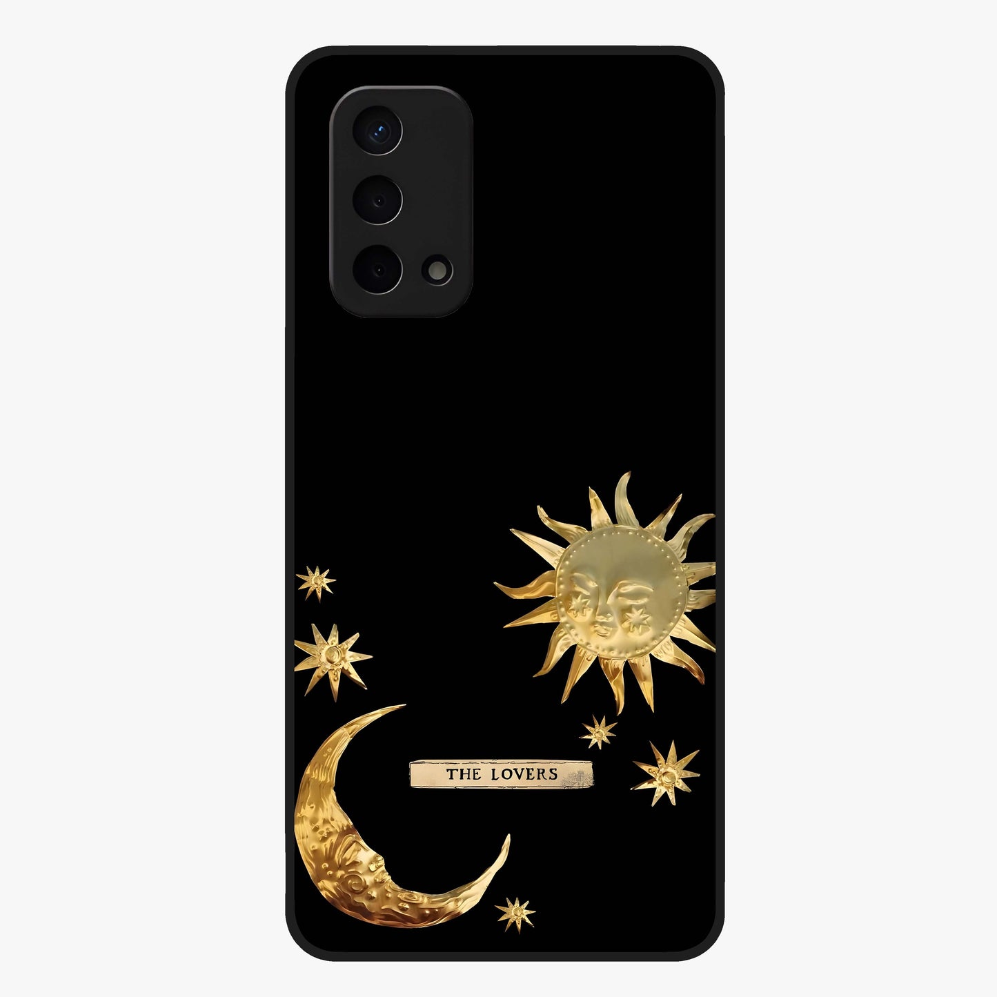 Golden Celestial Charm Glass Case showing flat back view with golden celestial charm artwork and glossy glass finish.