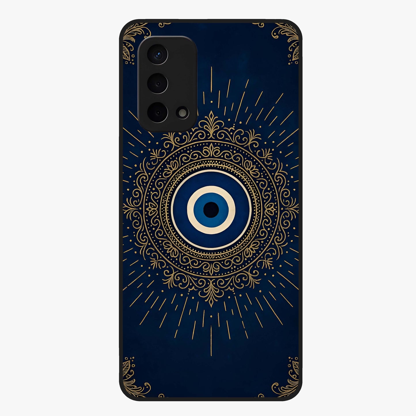Golden Evil Eye Mandala Glass Case showing flat back view with intricate evil eye mandala artwork and glossy glass finish.