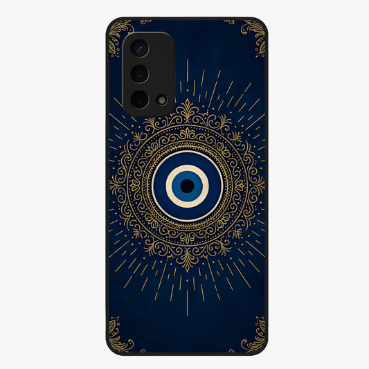 Golden Evil Eye Mandala Glass Case showing flat back view with intricate evil eye mandala artwork and glossy glass finish.