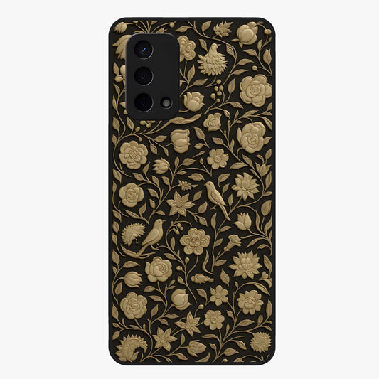 Golden Floral Majesty Glass Case showing flat back view with luxurious golden floral artwork and glossy glass finish.