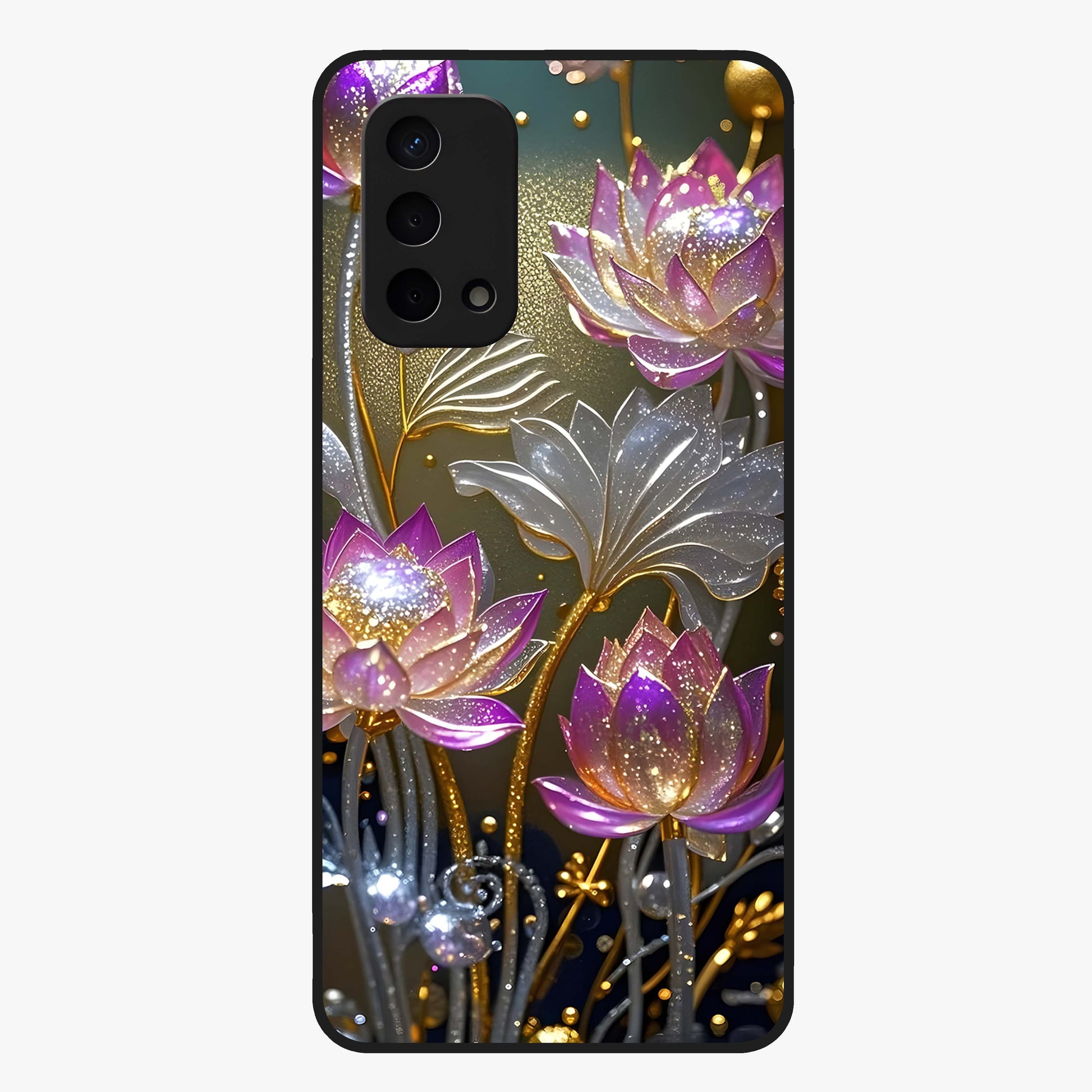 Golden Lotus Glow Glass Case showing flat back view with glowing lotus flower artwork and glossy glass finish.
