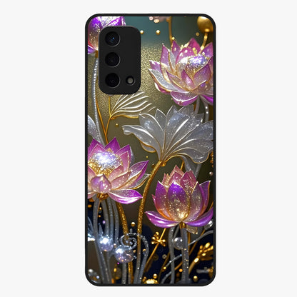 Golden Lotus Glow Glass Case showing flat back view with glowing lotus flower artwork and glossy glass finish.