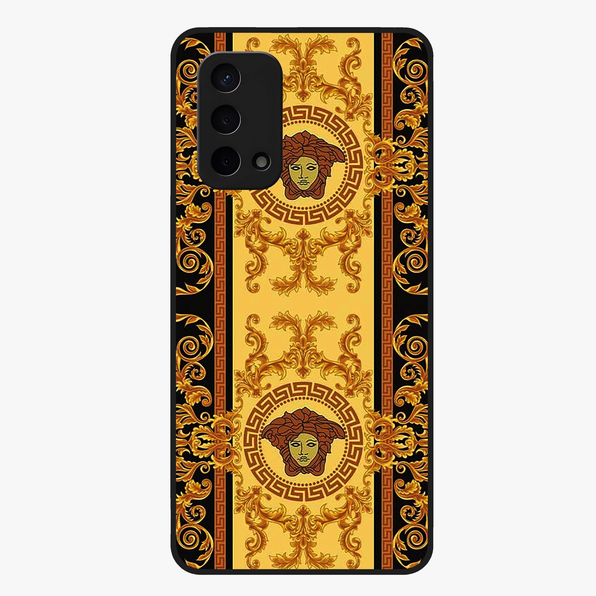 Golden Royal Heritage Glass Case showing flat back view with ornate royal pattern artwork and glossy glass finish.
