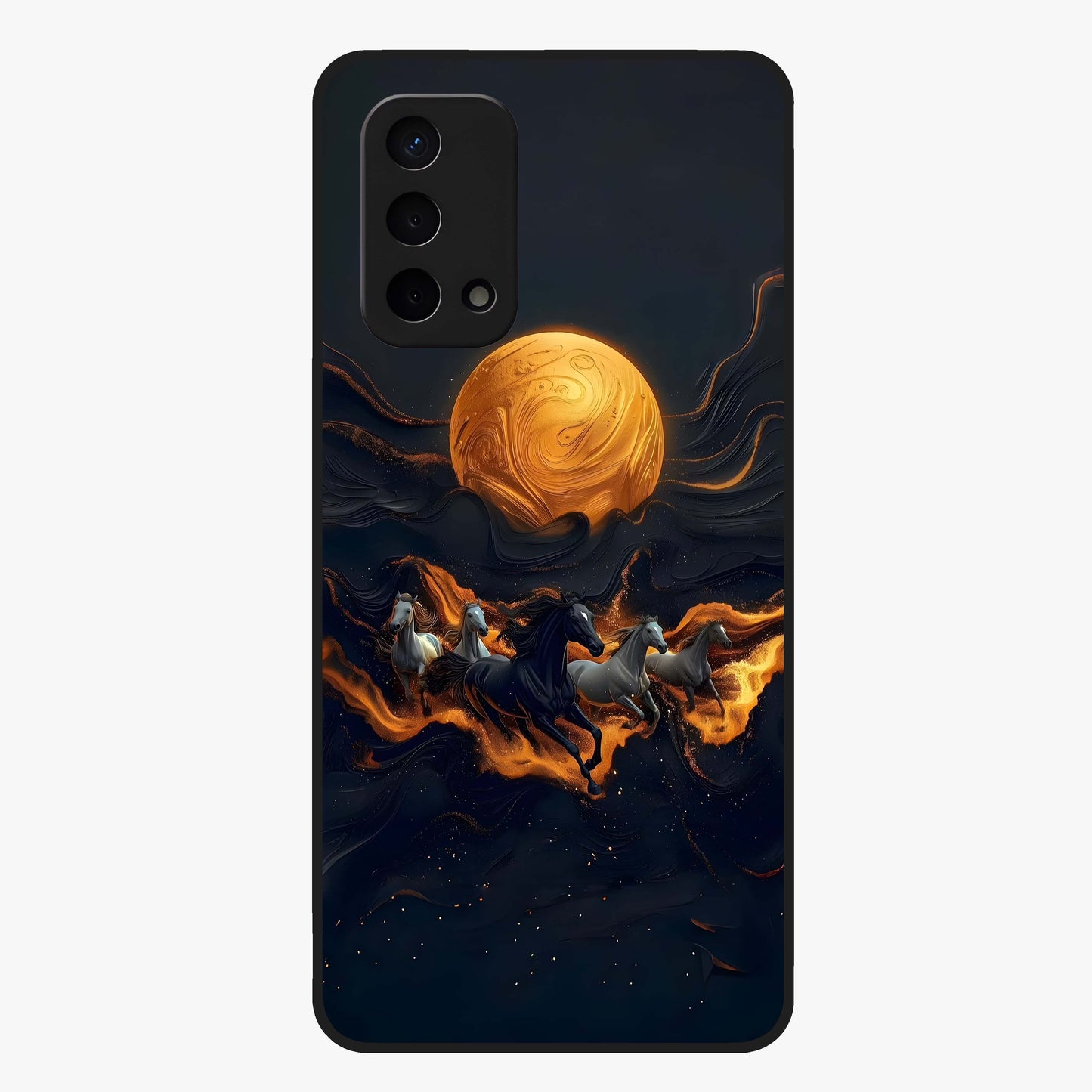 Golden Stallion Moonride Glass Case showing flat back view with majestic horse under moonlight artwork and glossy glass finish.