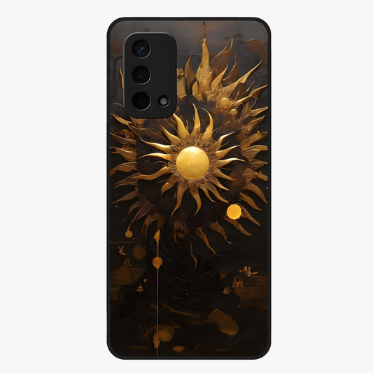 Golden Sun Majesty Glass Case showing flat back view with radiant golden sun artwork and glossy glass finish.