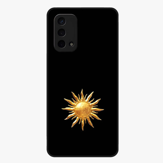 Golden Sun Minimalism Glass Case showing flat back view with minimal golden sun artwork and glossy glass finish.