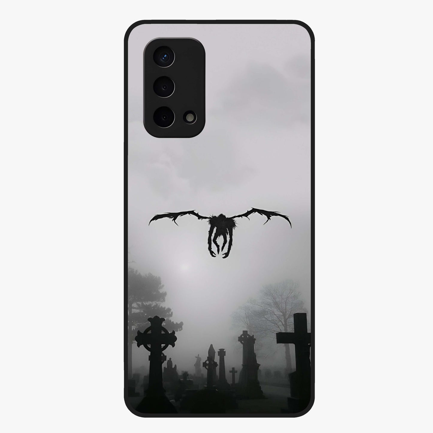 Graveyard Shadow Descent Glass Case showing flat back view with dark graveyard themed artwork and glossy glass finish.