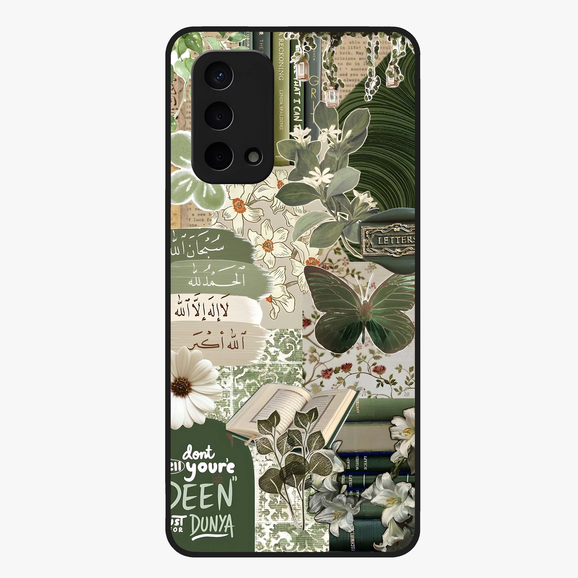 Green Islamic Books Quotes Glass Case showing flat back view with Islamic quotes and book themed artwork and glossy glass finish.