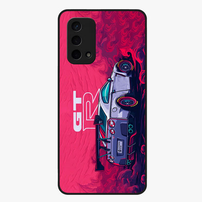 GT-R Car Pattern Glass Case showing flat back view with sporty car inspired pattern artwork and glossy glass finish.
