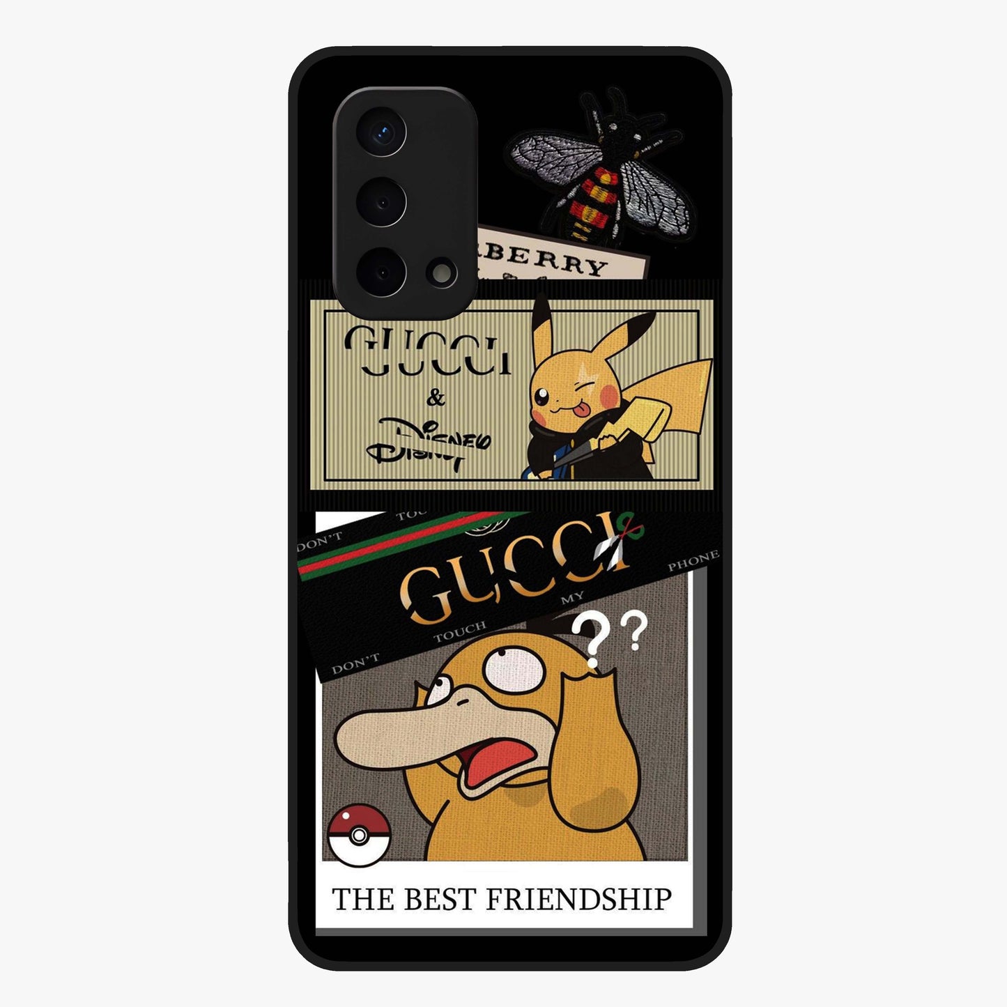 Gucci Play Mashup Glass Case showing flat back view with luxury inspired graphic artwork and glossy glass finish.