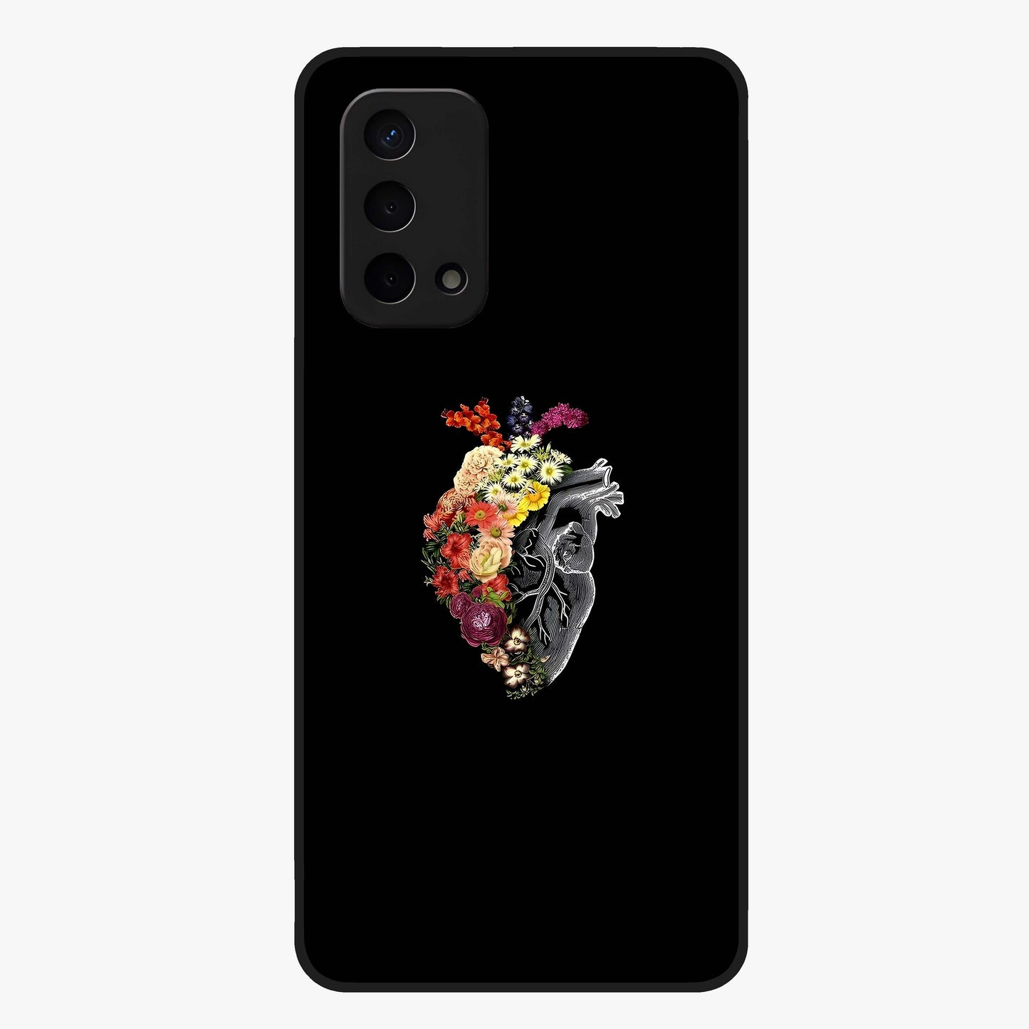 Heart With Flowers Glass Case showing flat back view with heart shaped floral artwork and glossy glass finish.