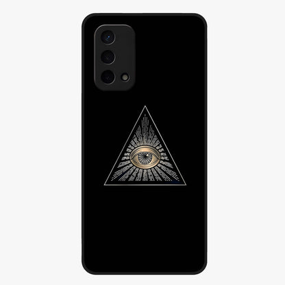 Illuminati Evil Glass Case showing flat back view with mysterious illuminati symbol artwork and glossy glass finish.