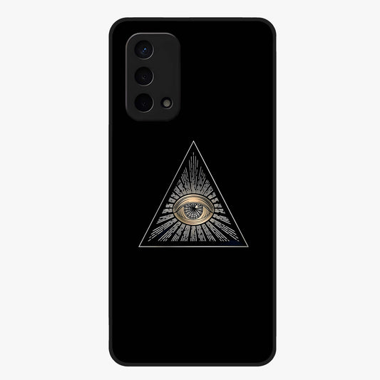 Illuminati Evil Glass Case showing flat back view with mysterious illuminati symbol artwork and glossy glass finish.