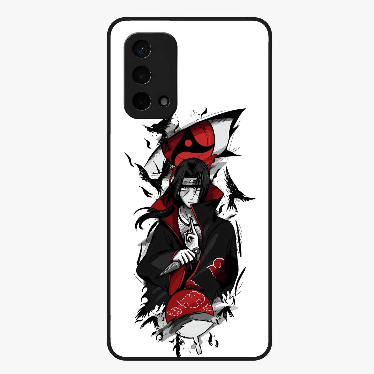 Itachi Sharingan Glass Case showing flat back view with powerful anime eye artwork and glossy glass finish.