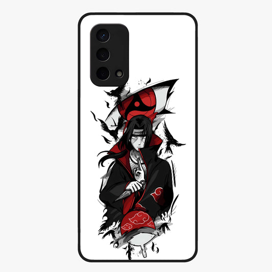 Itachi Sharingan Glass Case showing flat back view with powerful anime eye artwork and glossy glass finish.