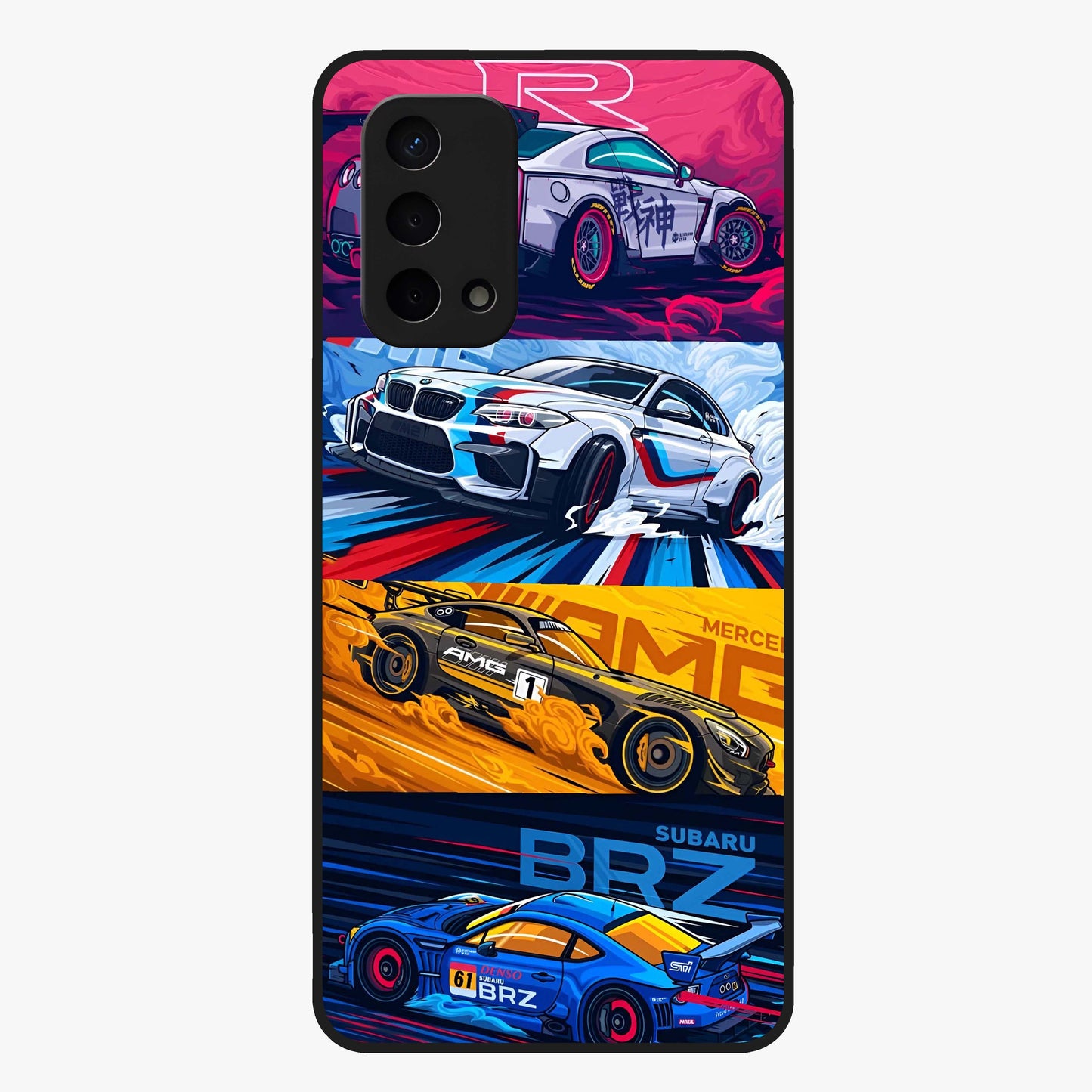 JDM Sports Car Glass Case showing flat back view with high performance sports car artwork and glossy glass finish.