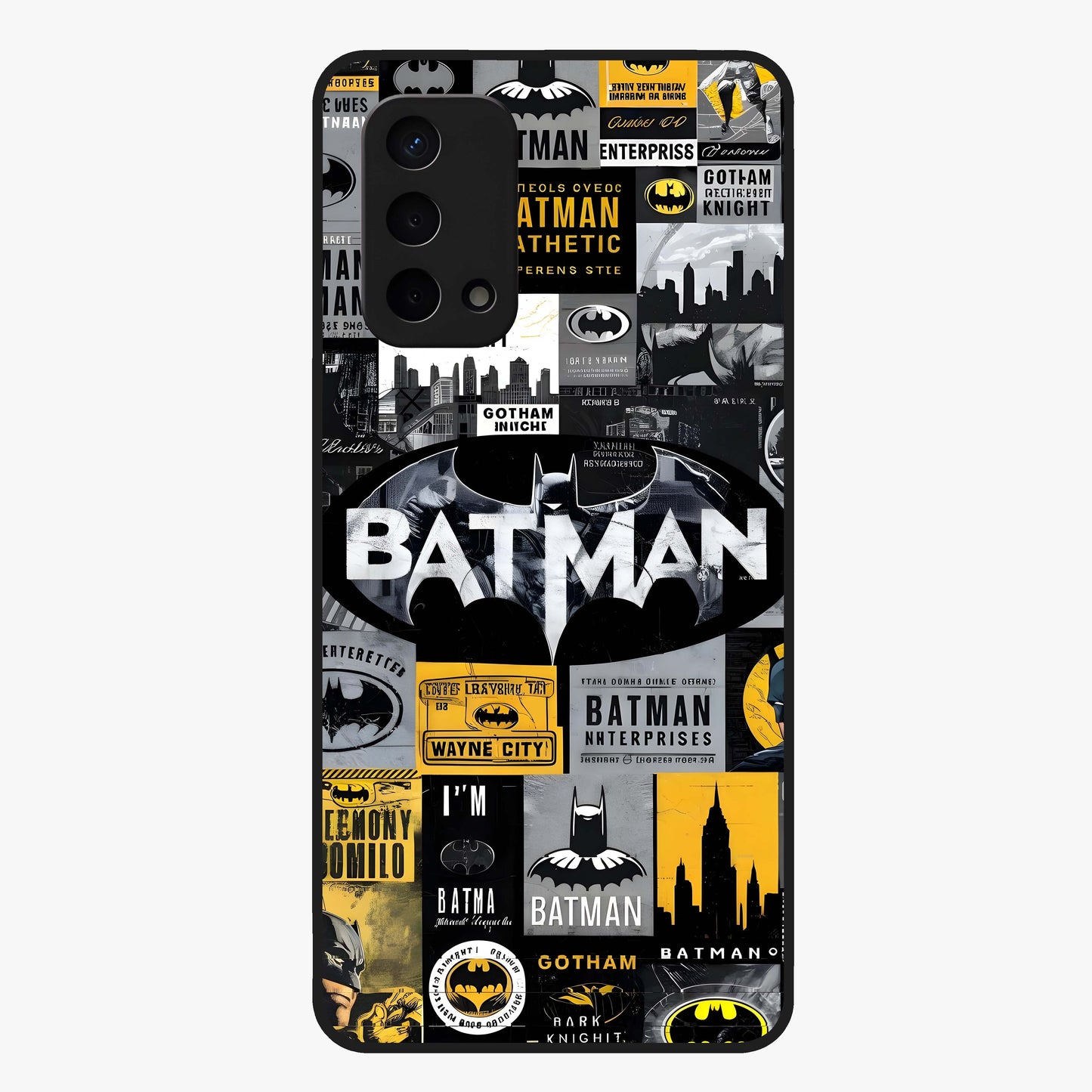 Knight Gotham Rise Glass Case showing flat back view with dark hero inspired artwork and glossy glass finish.