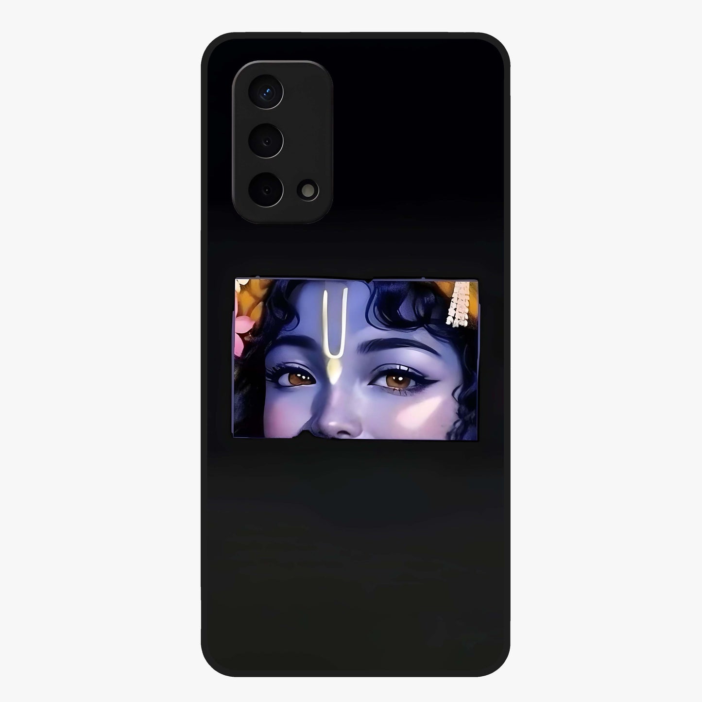 Krishna Divine Embrace Glass Case showing flat back view with Lord Krishna devotional artwork and glossy glass finish.