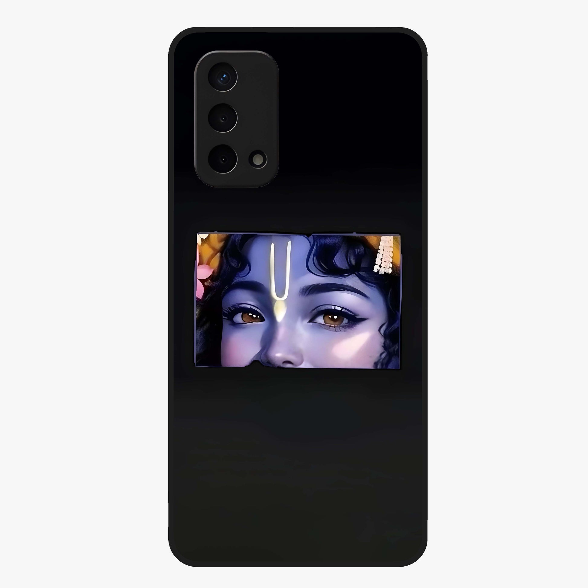 Krishna Divine Embrace Glass Case showing flat back view with Lord Krishna devotional artwork and glossy glass finish.