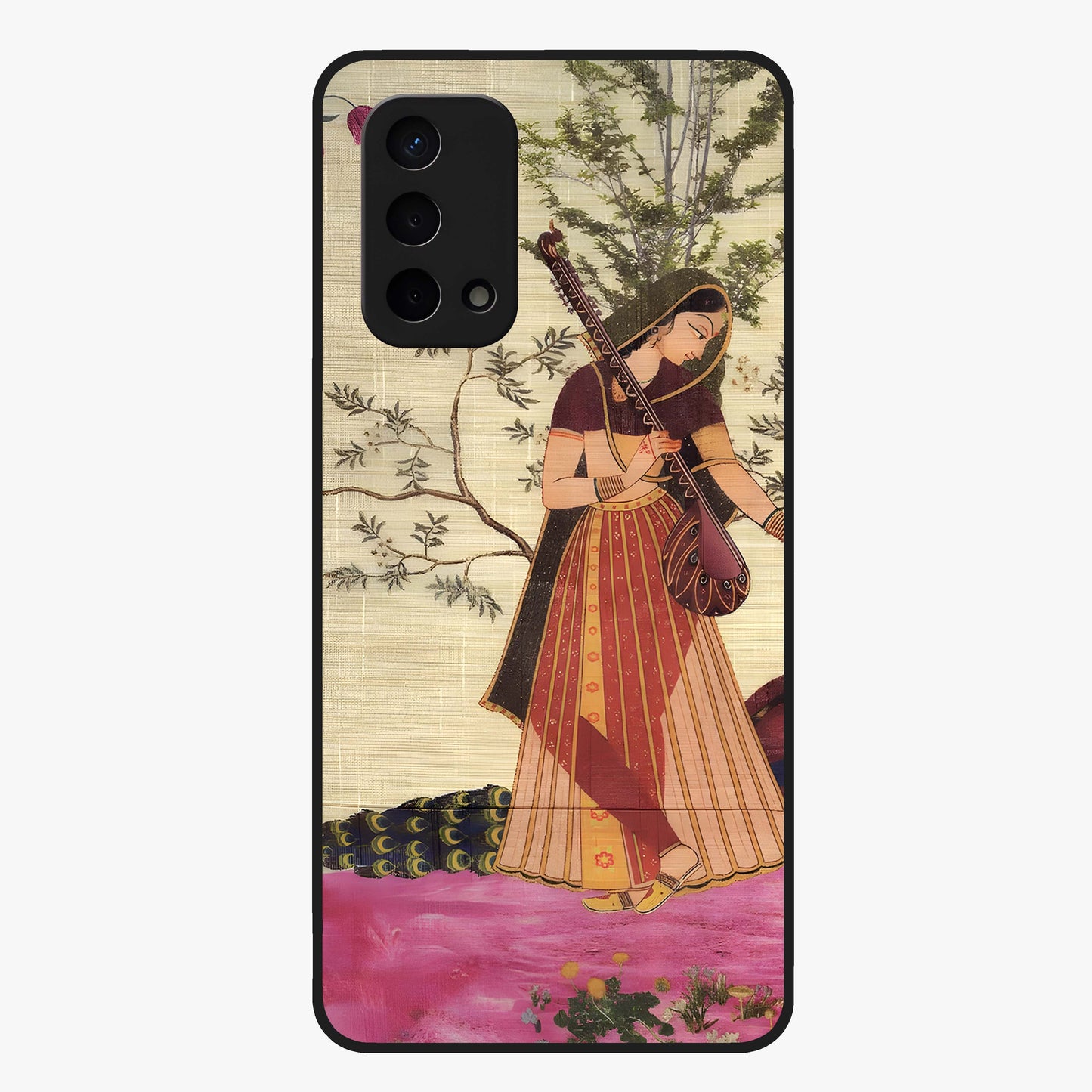 Lady With Veena Art Glass Case showing flat back view with elegant woman playing veena artwork and glossy glass finish.
