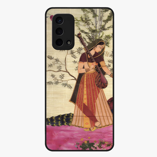 Lady With Veena Art Glass Case showing flat back view with elegant woman playing veena artwork and glossy glass finish.