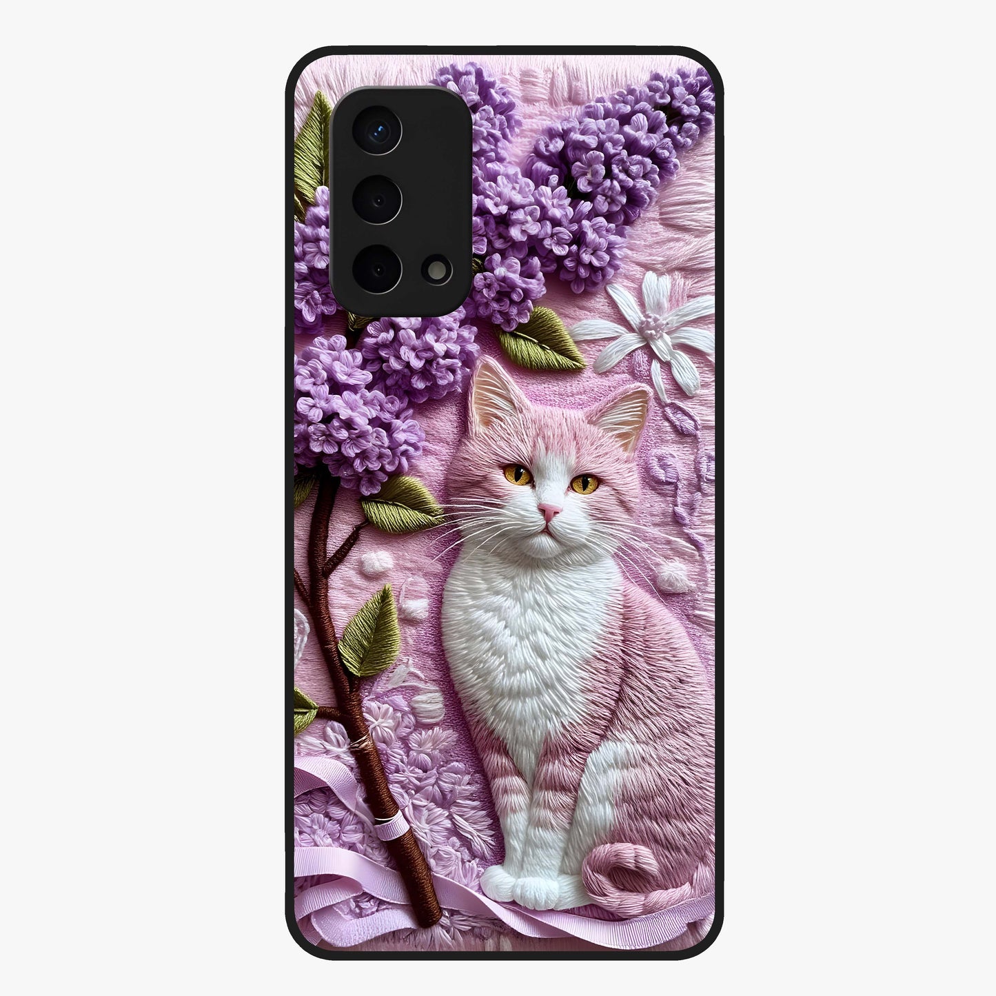 Lavender Cat Whimsy Glass Case showing flat back view with cute lavender cat artwork and glossy glass finish.