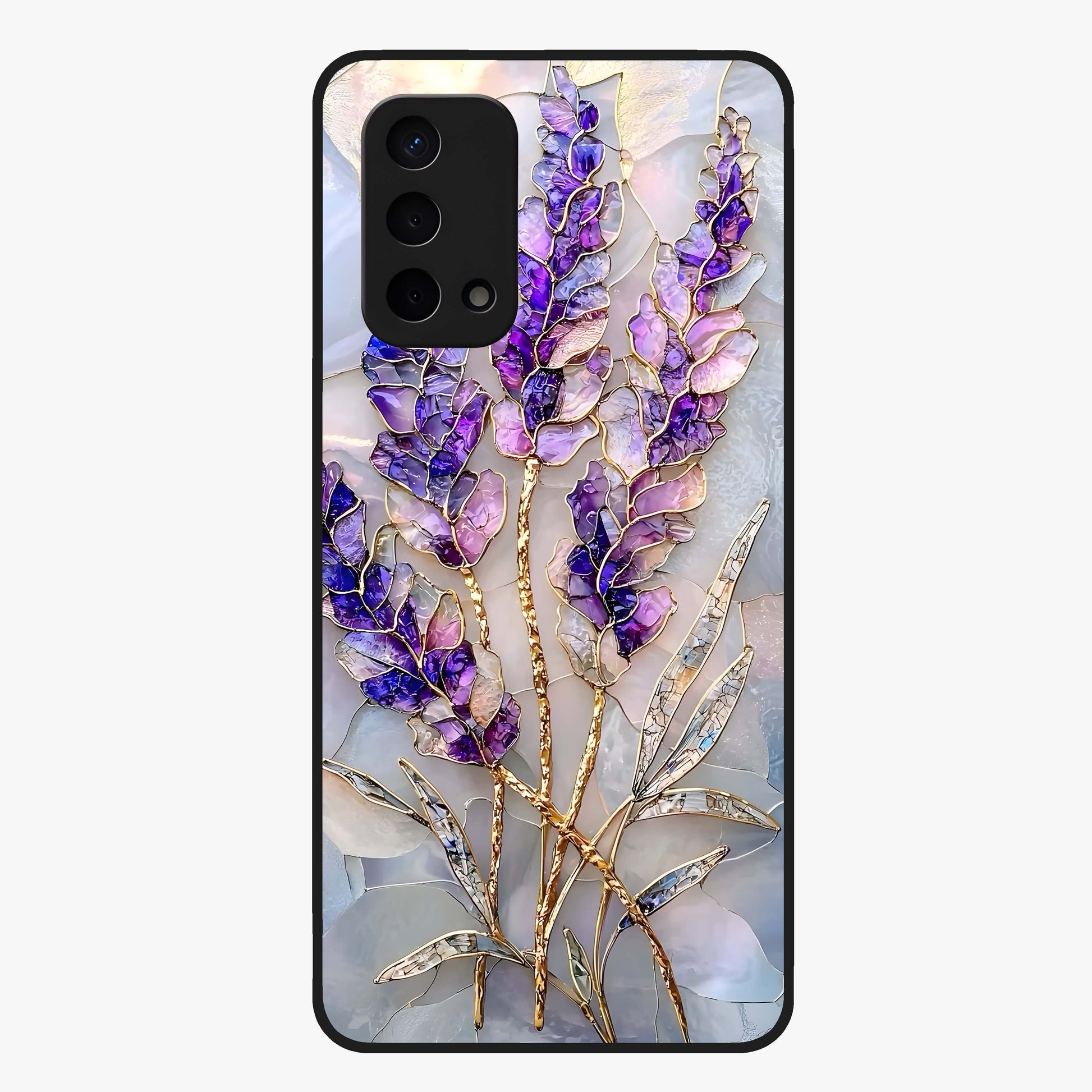 Lavender Dream Glow Glass Case showing flat back view with glowing lavender aesthetic artwork and glossy glass finish.