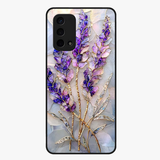 Lavender Dream Glow Glass Case showing flat back view with glowing lavender aesthetic artwork and glossy glass finish.