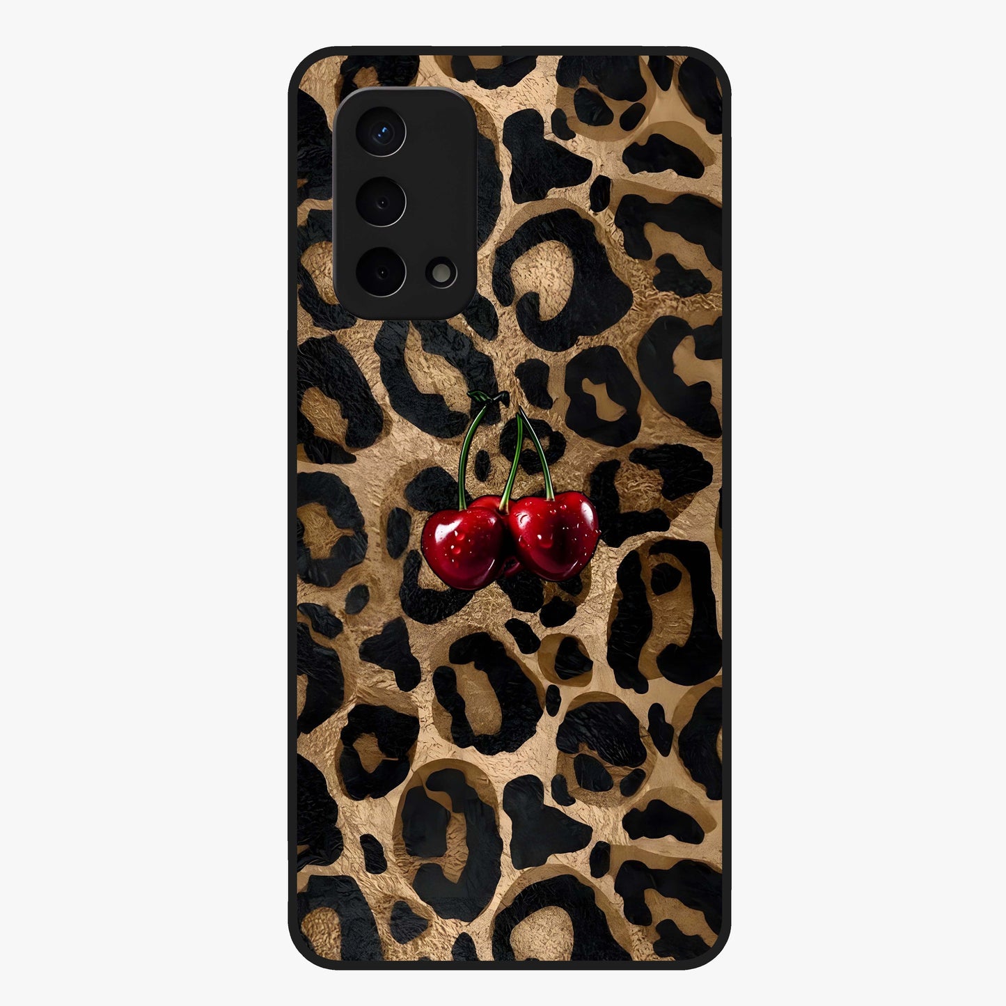 Leopard Wild Cherry Glass Case showing flat back view with leopard pattern and cherry artwork and glossy glass finish.