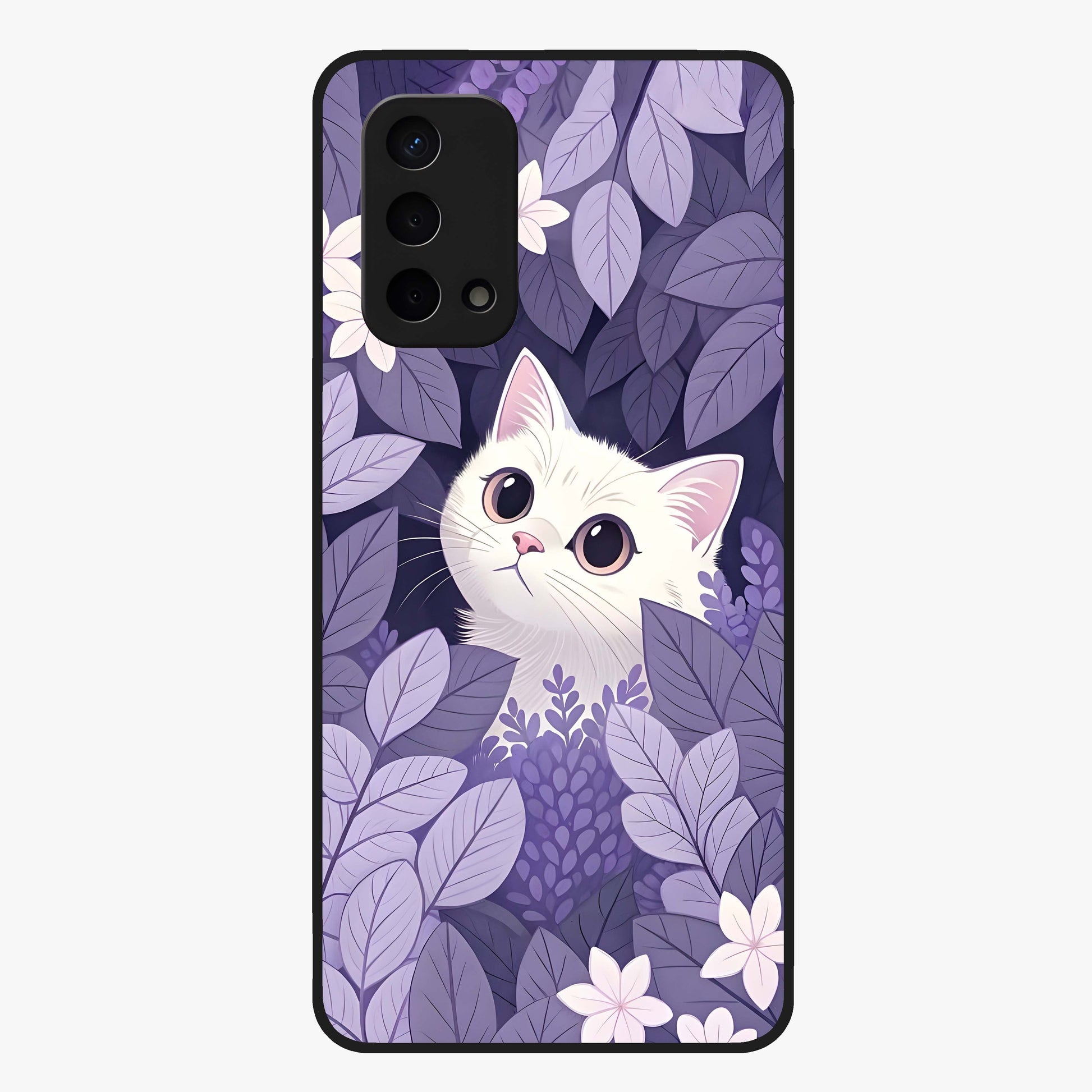 Lilac Hide Peek Cat Glass Case showing flat back view with cute peeking cat artwork and glossy glass finish.