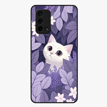 Lilac Hide Peek Cat Glass Case showing flat back view with cute peeking cat artwork and glossy glass finish.