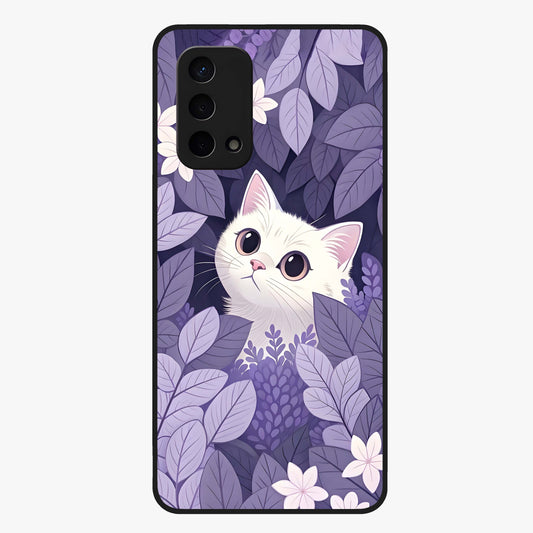 Lilac Hide Peek Cat Glass Case showing flat back view with cute peeking cat artwork and glossy glass finish.