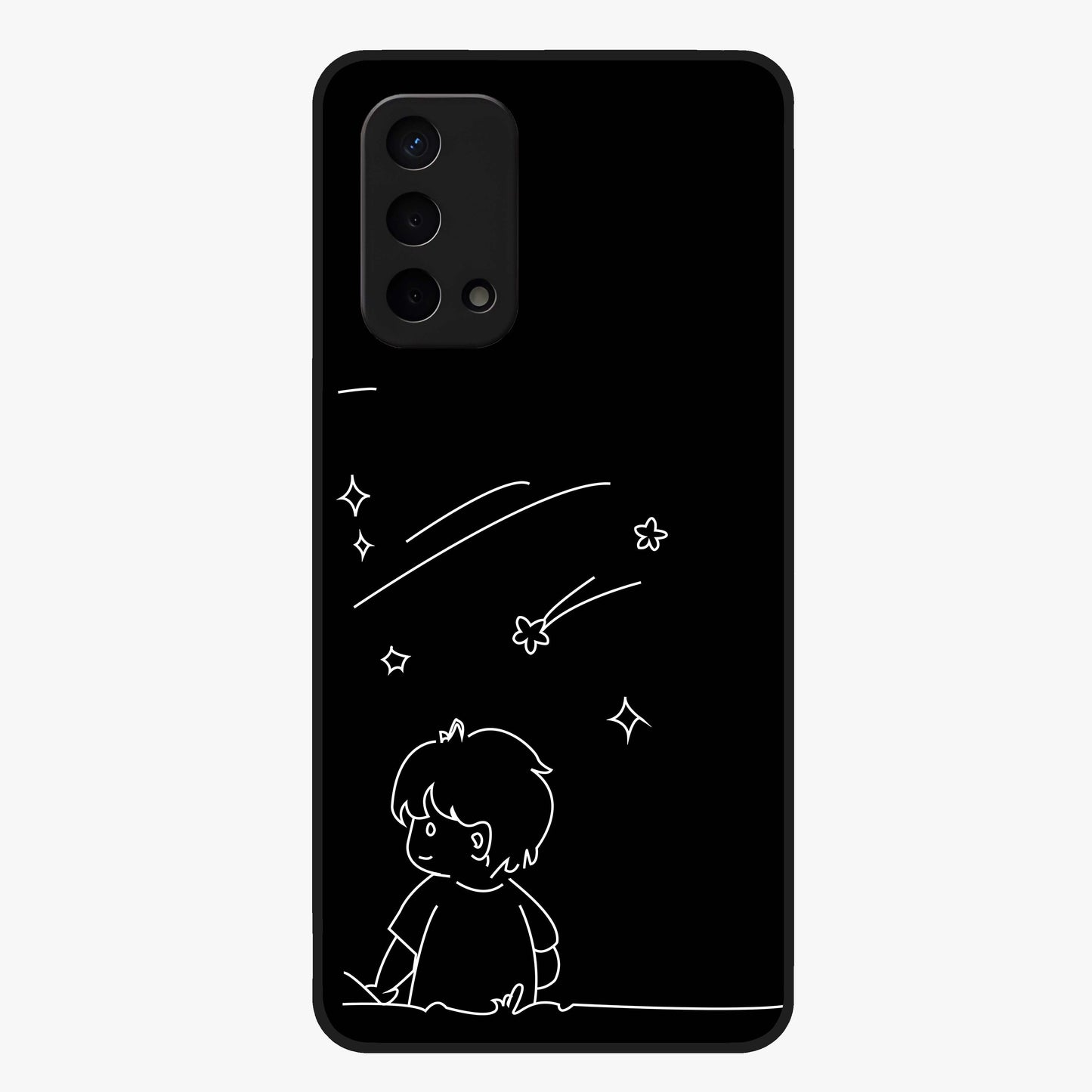 Line Art Boy With Shooting Stars Glass Case showing flat back view with minimal line art boy and shooting stars illustration and glossy glass finish.