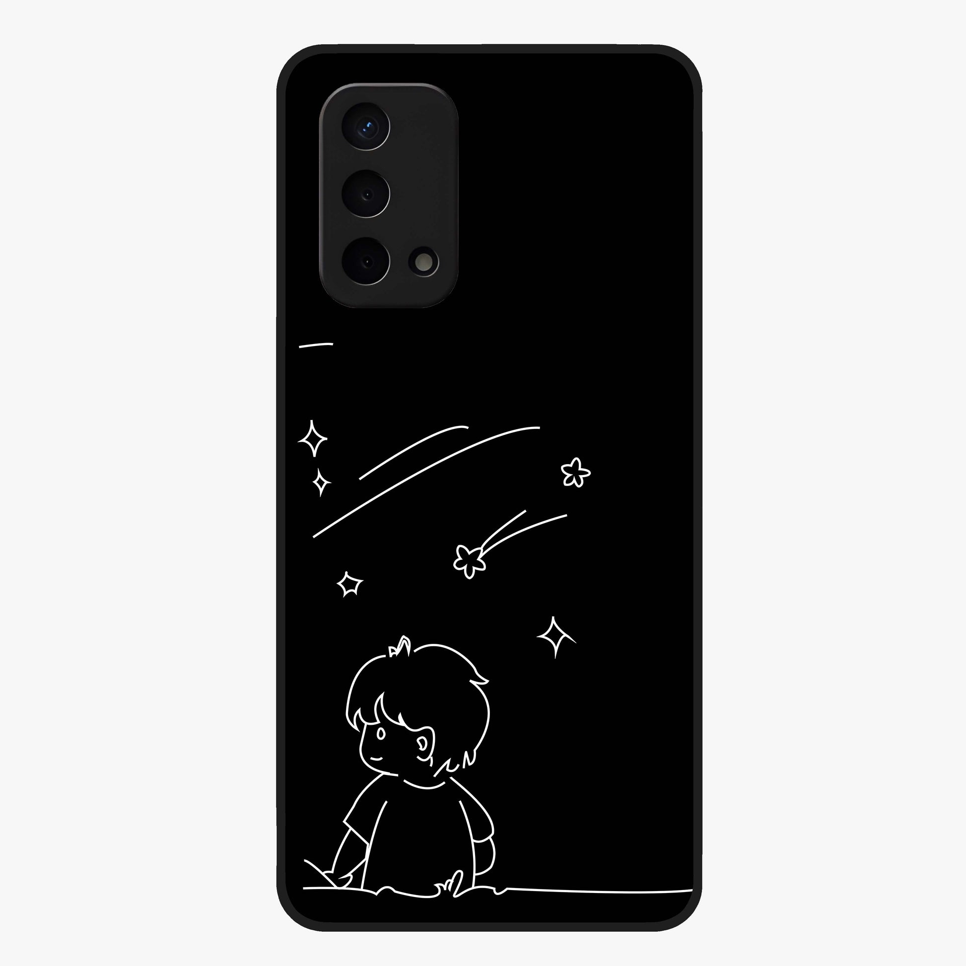 Line Art Boy With Shooting Stars Glass Case showing flat back view with minimal line art boy and shooting stars illustration and glossy glass finish.